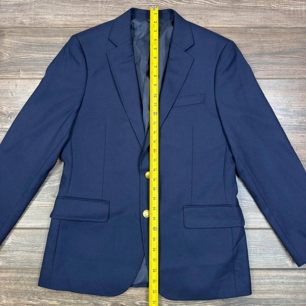 J.Crew Mens Size 38S Thompson University Blazer Navy Blue Gold Button Wool Blend